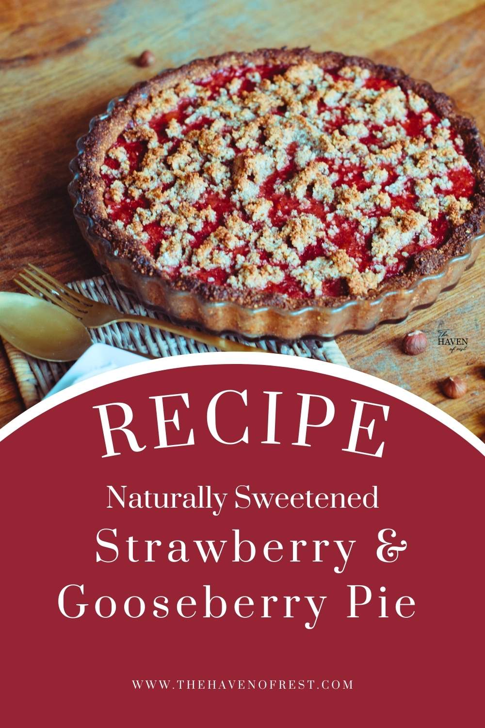 Strawberry gooseberry pie recipe with a golden fork, spoon, and a generous dollop of coconut cream for topping