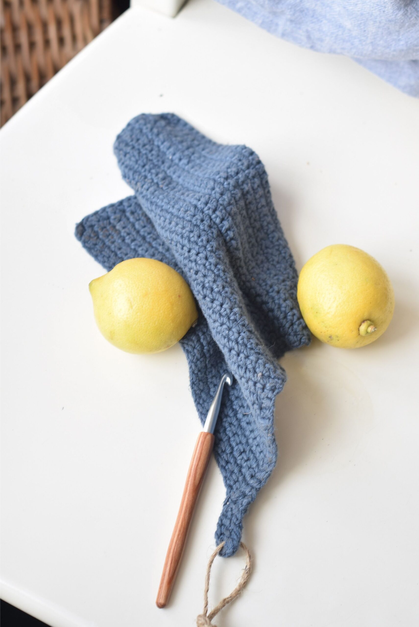 Blue Linen Dishcloth and Wooden Crochet Hook