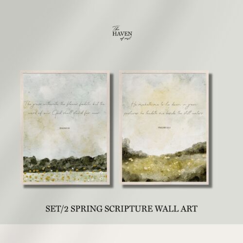 A set of two printable Scripture wall art pieces featuring watercolor landscapes with Bible verses from Isaiah 40 and Psalm 23:2, in soft green and beige tones.