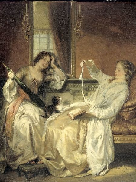 Two women are talking to each other. The woman on the right plays with a white ribbon and the kitten. The woman on the left looks dreamingly and hold an umbrella.